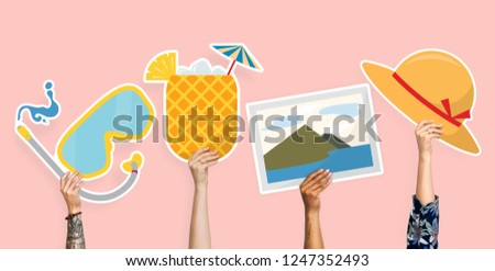 Hands holding beach icons clipart
