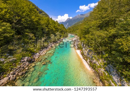 Vivid blue Soca river valley near Bovec in Triglav National Park, Julian Alps, Slovenia Europe