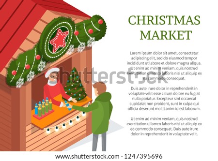 Christmas holiday person buying souvenir from street shop vector. Male customer standing by Stall decorated with pine spruce, stars and snowflakes