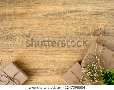 Gift boxes, border design, on wood background - Christmas and new year 2019