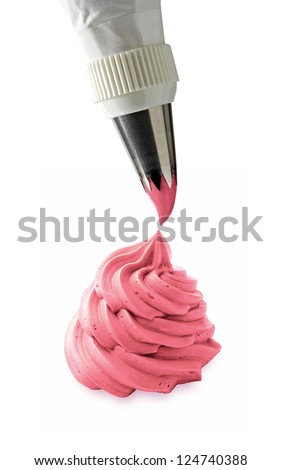 Strawberry cream with icing bag on white background