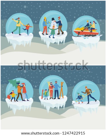 Men and women with children outdoor play hockey and going snowmobiling, preparation for Christmas and skiing. Set of family activity in ball vector