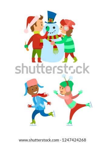 Children on Christmas holidays, winter vacations vector. Kids building snowman adding carrot nose to character. Boy and fun girl skating on ice rink