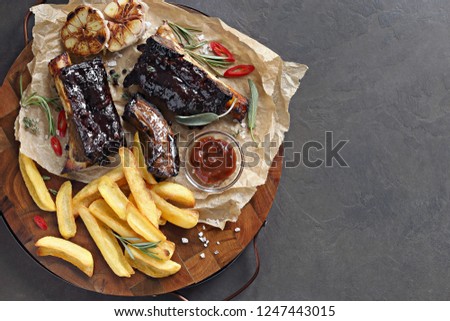 Beef ribs. Spicy barbecue sticky short ribs. Overhead view, copy space