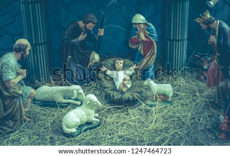 A Christmas nativity scene, with baby Jesus.