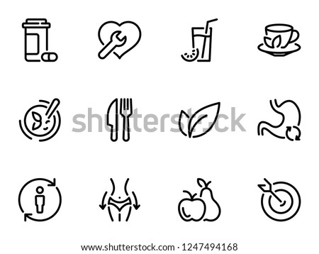 Set of black vector icons, isolated against white background. Illustration on a theme Detoxification. Line, outline, stroke, pictogram Royalty-Free Stock Photo #1247494168