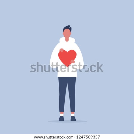 Saint Valentines Day. Young character holding a red heart. Relationships. Love. Romance. Emotions. Flat editable vector illustration, clip art