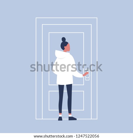 Young female character holding a door knob. Entering the building. Flat editable vector illustration, clip art