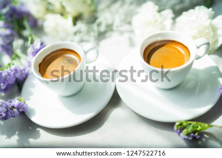 espresso coffee and  flower in morning