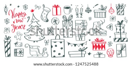 Big set of Christmas design doodle elements with Lettering. Vector hand drawn . Isolated objects