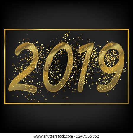 Golden 2019 with  confetti on black background. Happy new year card or poster template, vector illustration
