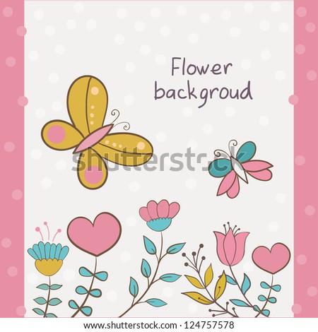 greeting card with flowers, hearts, butterfly. vector