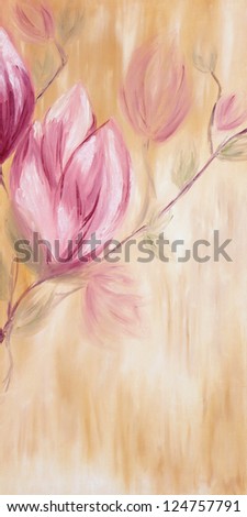 Original oil painting on canvas of spring magnolia flowers on warm pastel background