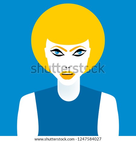 A blue-eyed blonde is featured in a minimalist beauty and fashion illustration.