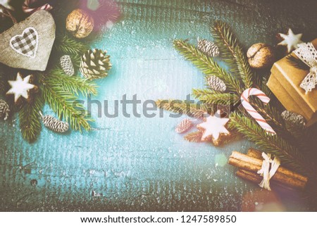 Christmas setting with seasonal spices and sweets. Christmas background 