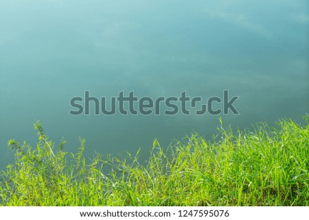 Green glass on river bank and reflection of blue sky and light white clouds shadow on shiny wavy ripple river water surface.  Abstract natural freeform wave pattern background, dreamy banner screen.