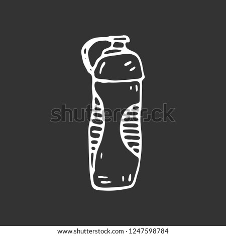Hand drawn water bottle doodle. Sketch sports equipment and simulators, icon. Decoration element. Isolated on black background. Vector illustration.