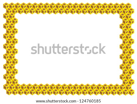 Frame of 3D yellow/gold hexagons (Stars of David). Decorative design. Bright red, yellow and blue tones. Isolated on white background.