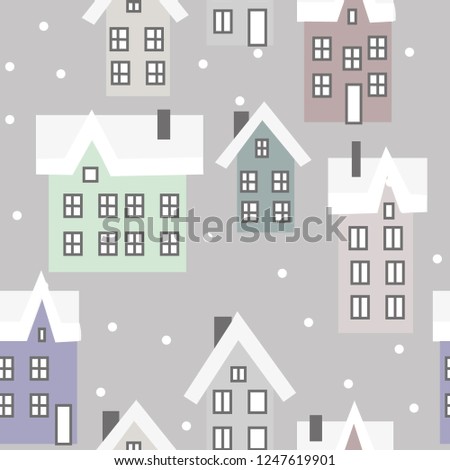 Houses, winter town, vector seamless pattern