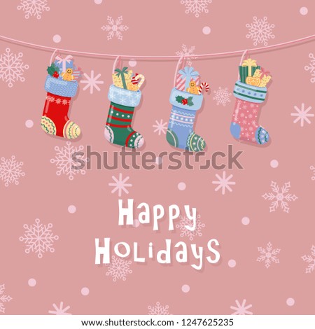 Happy Holidays greeting background - Christmas socks and gifts with snowflakes for web and ads. Merry Christmas card