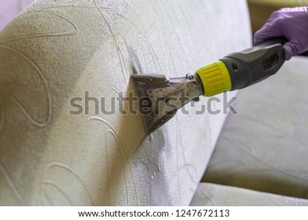 Closeup of upholstered Sofa chemical cleaning with professional extraction method.  man hands in rubber gloves hold hoover nozzle Royalty-Free Stock Photo #1247672113