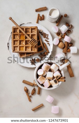 Ceramic cup of hot chocolate with marshmallow s'mores with homemade honey wafers and ingredients above over white marble table. Winter drink. Flat lay, space