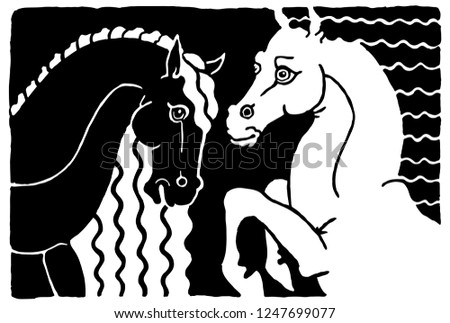 Black and white horse vector illustration. Cartoon animal characters. Simple contour drawing against a black background.
