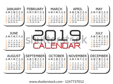 2019 calendar red black text number on white background vector illustration.