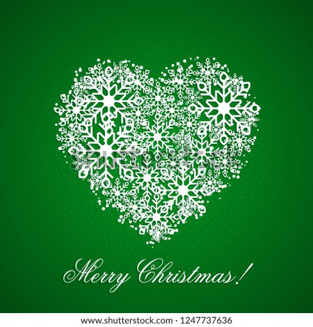 Green Christmas Background with a heart from snowflakes. For new year and christmas design. Vector illustration.