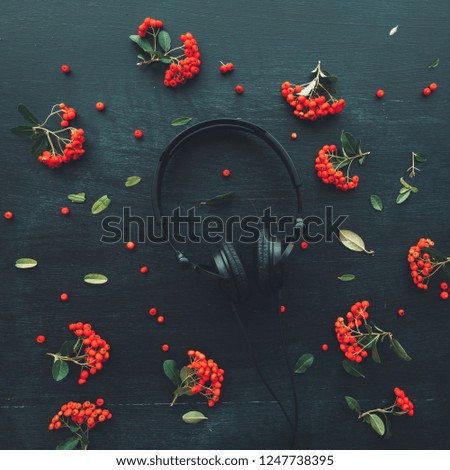 Flat lay audio headphones on dark wooden background with floral arrangement, top view nostalgic retro toned image