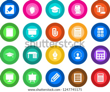 Round color solid flat icon set - contract vector, calculator, graduate, desk, notepad, presentation board, pencil, notes, paper clip, abacus, ink pen, book, shining head