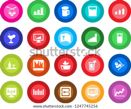 Round color solid flat icon set - growth statistic vector, monitor, barcode, scanner, statistics, bar graph, alcohol, wine card, drink, cocktail, phyto, beer, salad, sushi, arrow up
