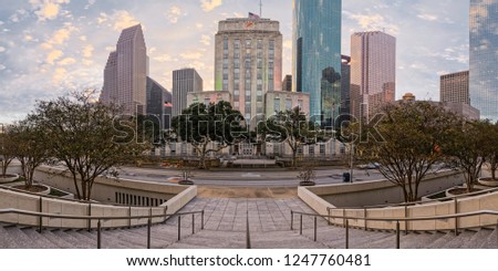 Sunrise Panorama of Downtown Houston and City Hall - Bagby Street Houston Texas Harris County