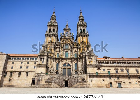 Santiago de Compostela cathedral, facade del Obradoiro empty of people at a summer day Royalty-Free Stock Photo #124776169