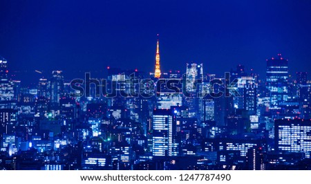Asia Business concept for real estate and corporate construction - panoramic city view and tokyo tower under neon night in tokyo, Japan