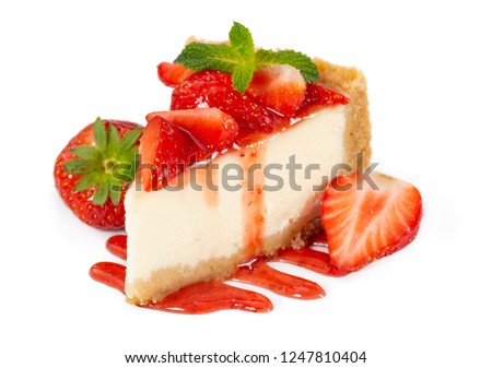 Piece of cheesecake with fresh strawberries and mint isolated on white background Royalty-Free Stock Photo #1247810404