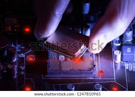 Computer processor and PCB as a symbol of neural networks. Machine learning concept. A photo can illustrate Internet hacking.
