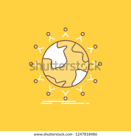 global, student, network, globe, kids Flat Line Filled Icon. Beautiful Logo button over yellow background for UI and UX, website or mobile application