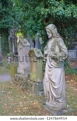 The photo was taken in the German city of Straubing. The picture shows the old monuments of the ancient cemetery at the monastery.