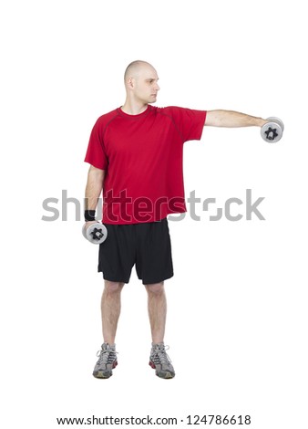 Portrait of man exercising and using weights isolated on white background