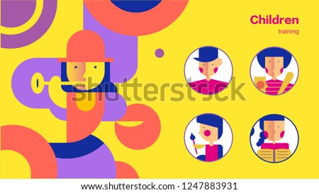 Abstract trumpet girl playing baseball painting reading icon, flat abstract character modeling