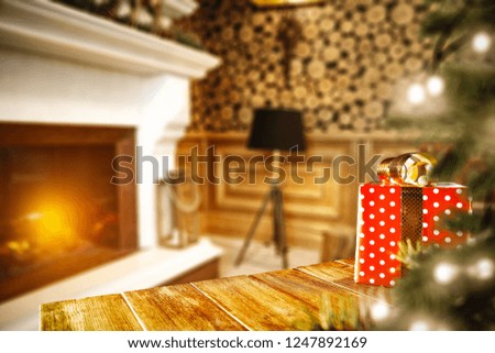 Desk of free space with christmas tree and fireplace 