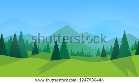 Forest panorama. Green silhouette. Forest with fir trees and pines. Blue sky with clouds. Simple modern design. Template for banner or poster. Place for text. Flat style vector illustration.