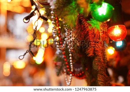 Christmas decoration on the Christmas tree. Great photo for postcards for the new year