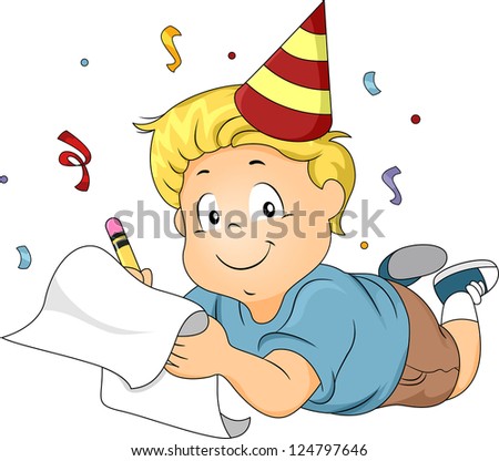 Illustration of a Boy Wearing a Party Hat Writing His New Year's Resolutions