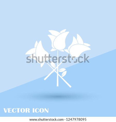 Set of three vector white silhouettes of rose flowers isolated on a blue background.