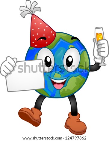 Illustration of an Earth Mascot Holding a Wine in One Hand and a Blank Piece of Paper on the Other