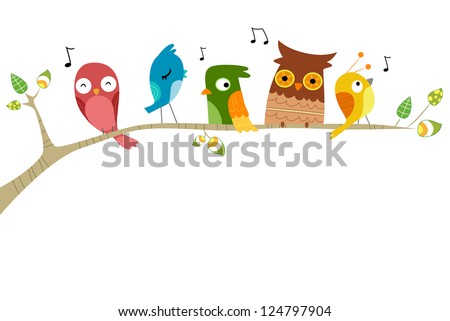Illustration of Birds Singing perched on a branch of a tree