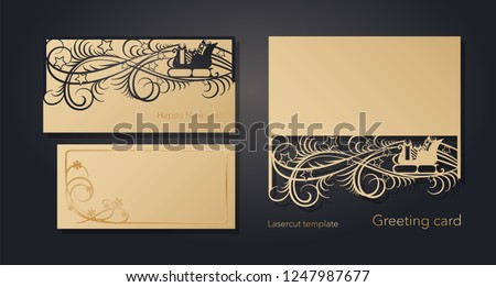 New Year's and Christmas. Laser greeting card template, invitations for New Year events. Winter openwork, snow pattern from craft paper, cardboard, gold embossed insert card. Vector illustration.