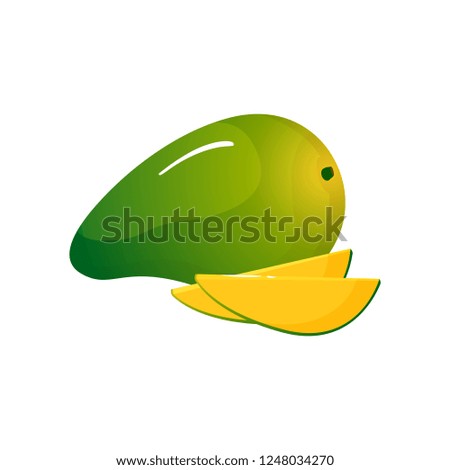 Green mango isolated on white background. Bright  illustration of colorful half and whole of juicy mango. Fresh cartoon